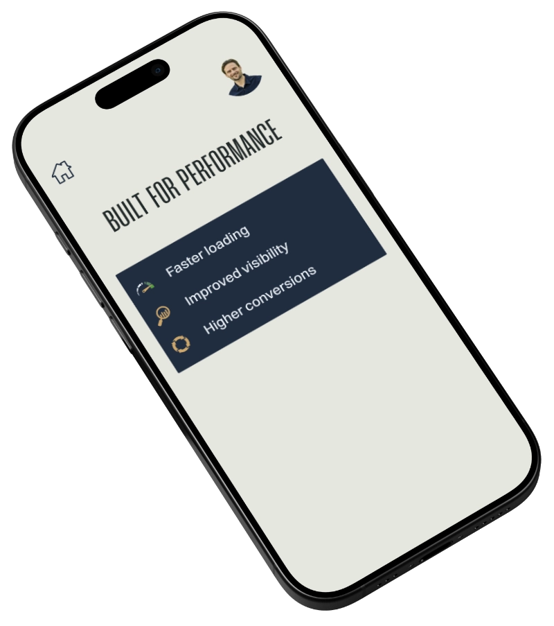Phone containing screens that illustrate website performance, SEO optimisation and solving business issues with technology