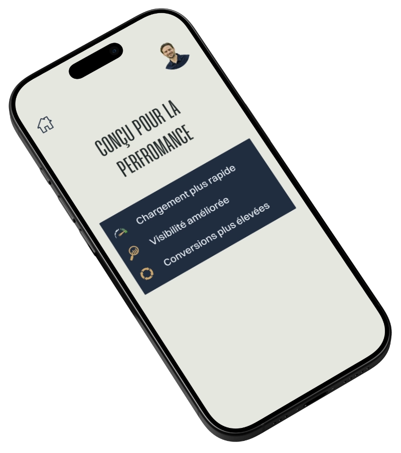 Smartphone affichant les performances d’un site web optimisé avec d’excellents scores de vitesse et de référencement.